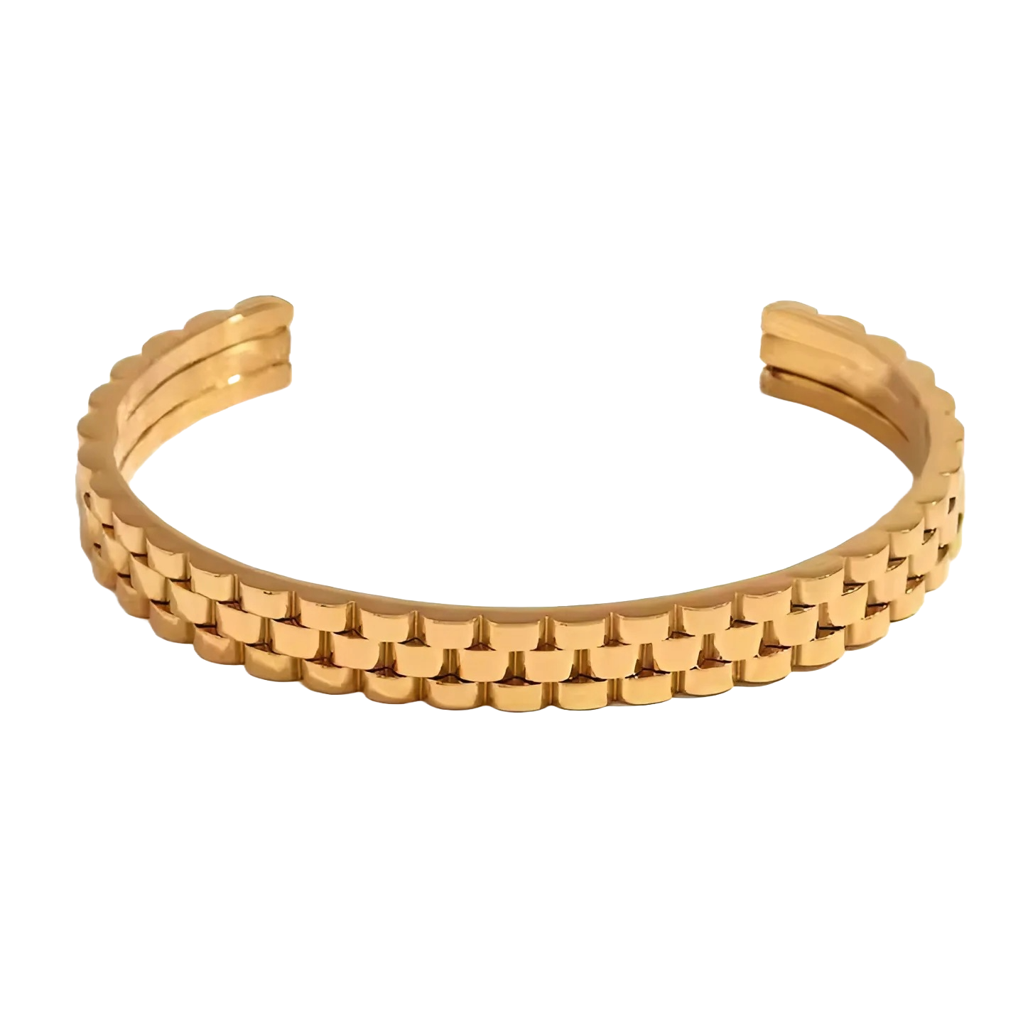 Close-up van een gepolijste gouden armband, die minimalistische verfijning uitstraalt