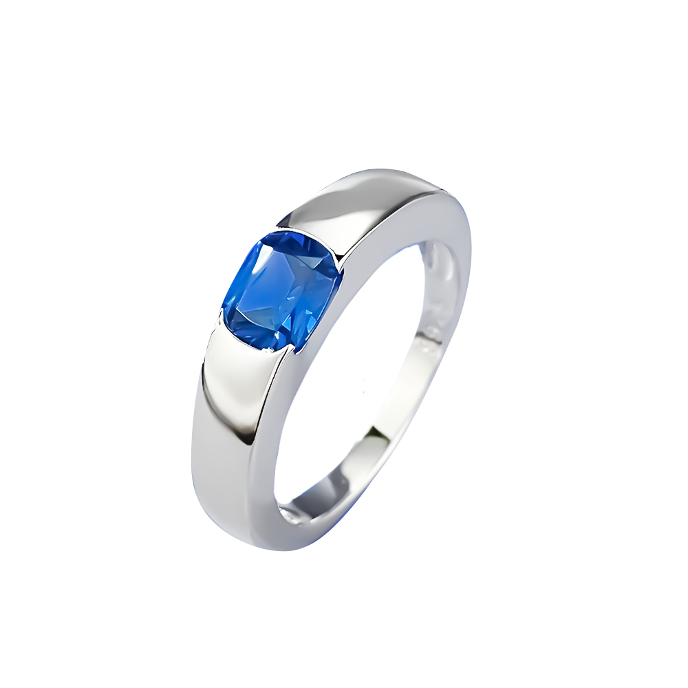 Een 14-karaats witgouden ring omarmt een diepblauwe saffier, waarvan de schittering wordt versterkt door een halo van fonkelende diamanten