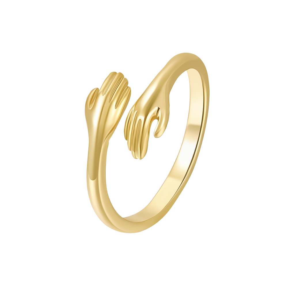 Gemaakt van zilver, heeft deze delicate ring handen die met elkaar verweven zijn, en de blijvende troost van een omhelzing belichamen