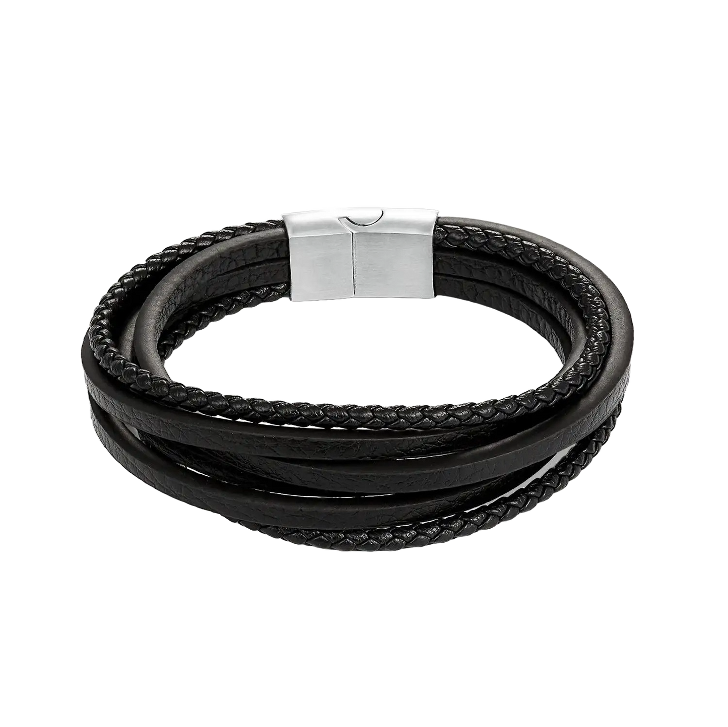 Gevlochten leren armband met een roestvrijstalen sluiting, gegraveerd met een gekoesterde naam, die persoonlijke elegantie belichaamt.