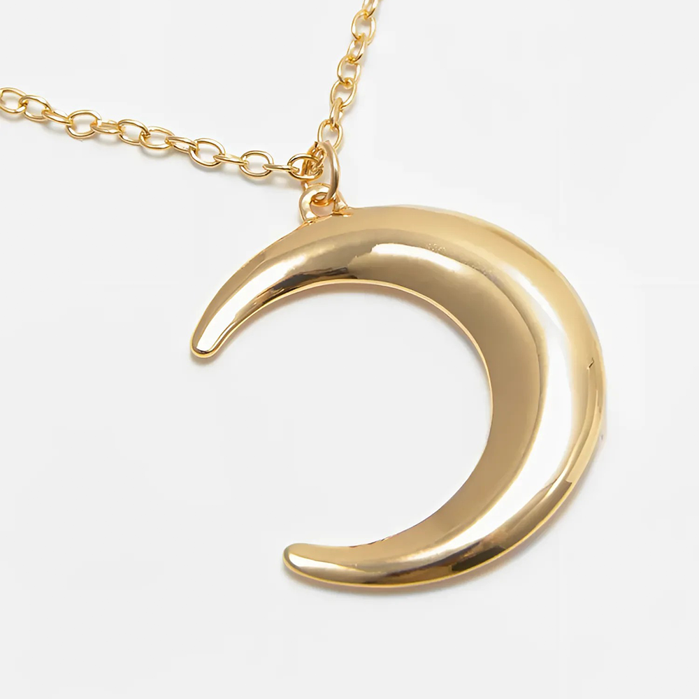 Een delicate, vergulde ketting draagt een matte halve maan hanger, die de sereniteit van een maanverlichte nacht vastlegt.