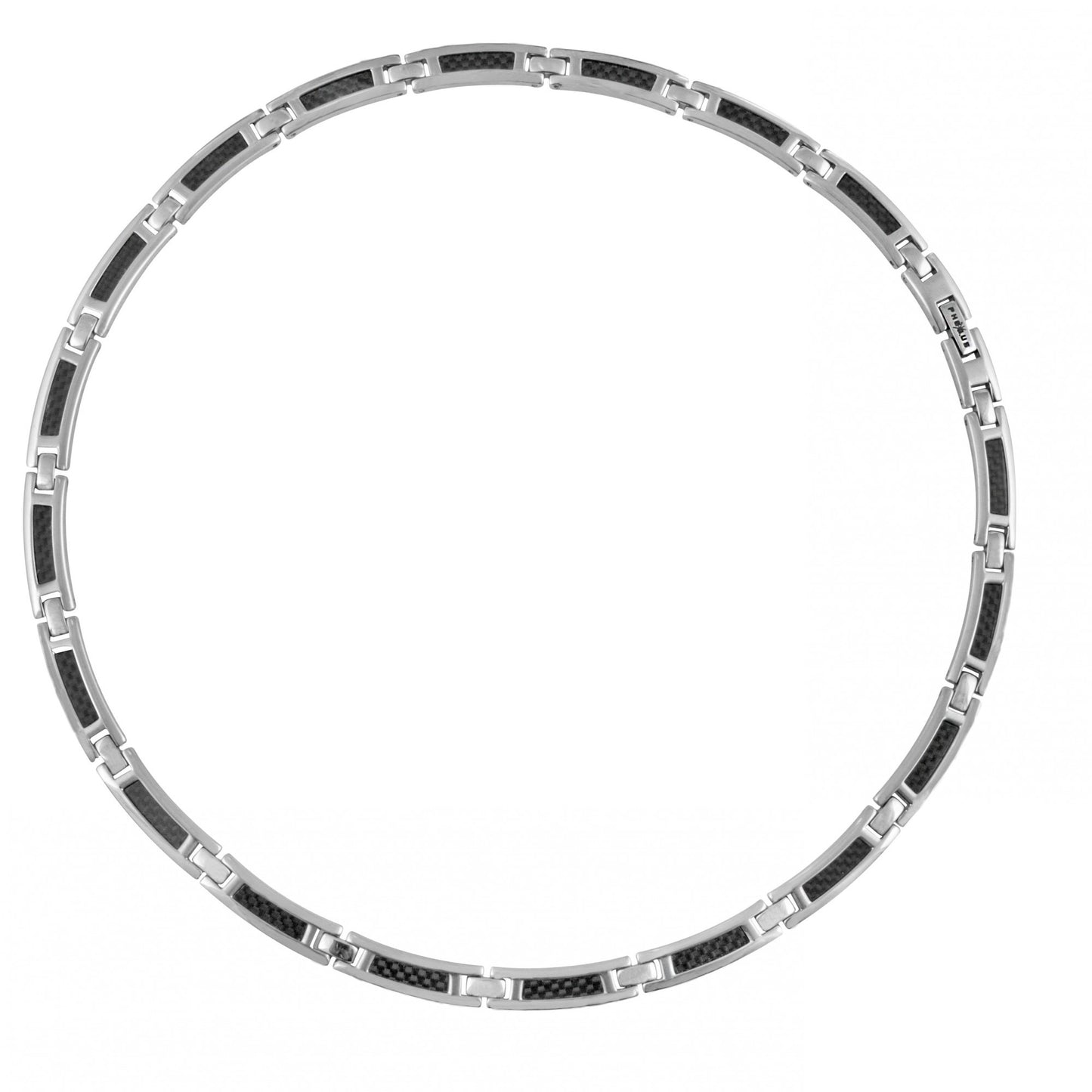 Glanzende roestvrijstalen ketting met ingebedde koolstofelementen, die veerkracht en verfijnde smaak symboliseren.