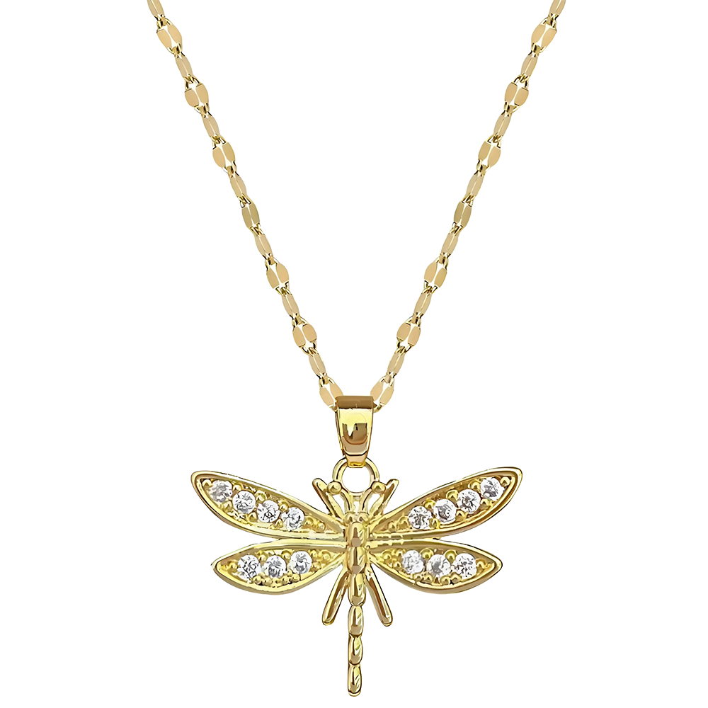 Een gouden libelle-hanger, waarvan de vleugels zijn versierd met glinsterende zirconia, die de essentie van de elegantie van de natuur vangt