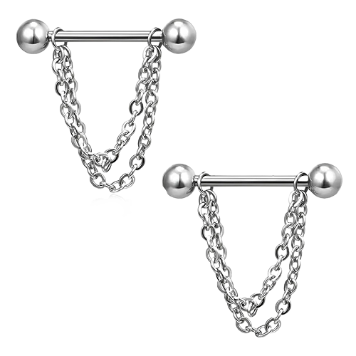 Een paar stralende gouden studs verbonden door drie delicate kettingen, ontworpen om helix piercings te sieren met gracieuze charme