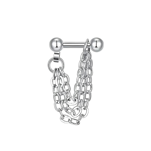 Twee gouden studs verbonden door vallende kettingen, ontworpen voor helix piercings, die elegantie combineren met speelse beweging