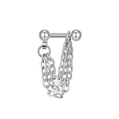 Twee gouden studs verbonden door vallende kettingen, ontworpen voor helix piercings, die elegantie combineren met speelse beweging