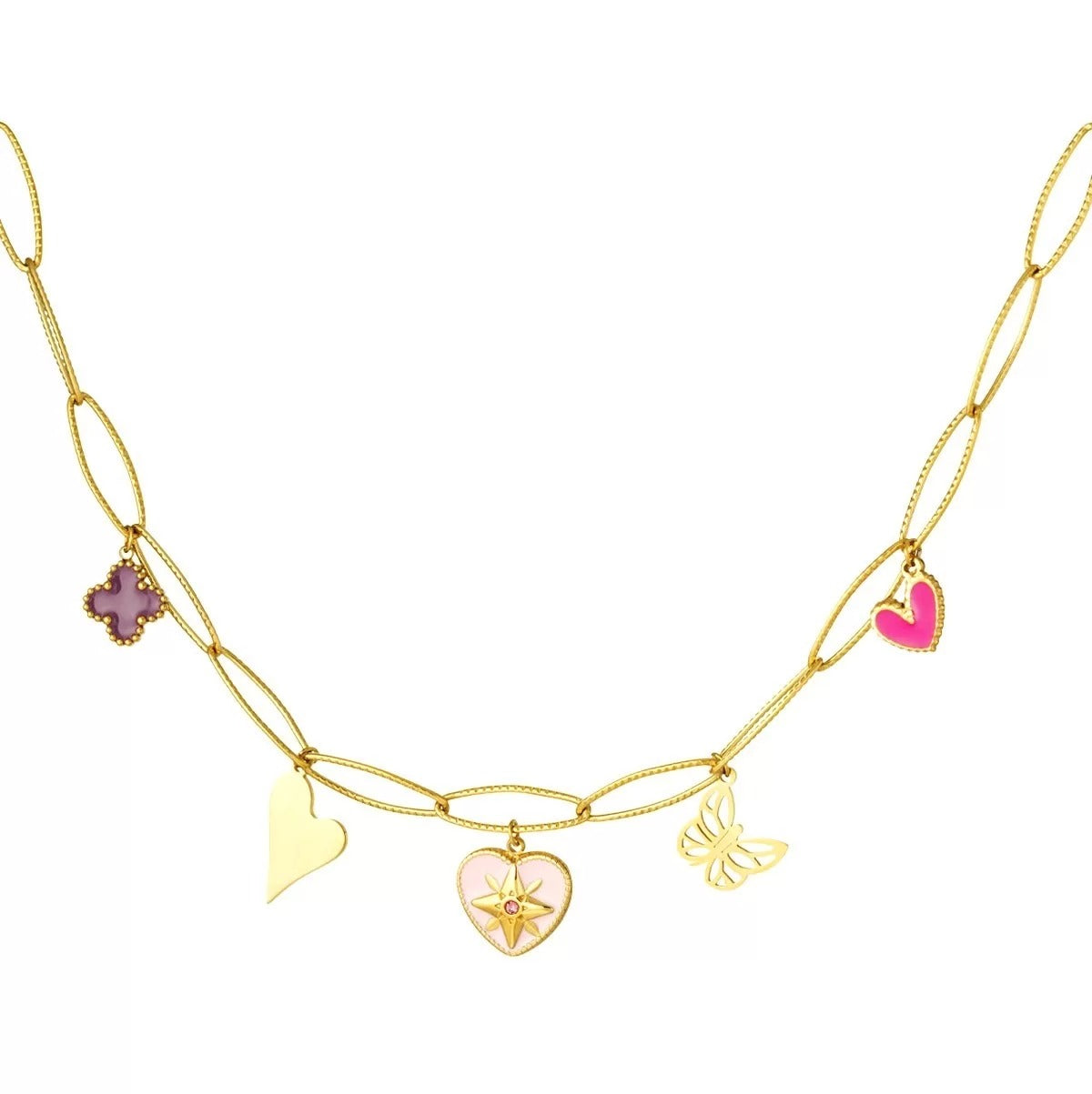 Een delicate gouden ketting versierd met drie hartjes, die de blijvende omarming van liefde symboliseren