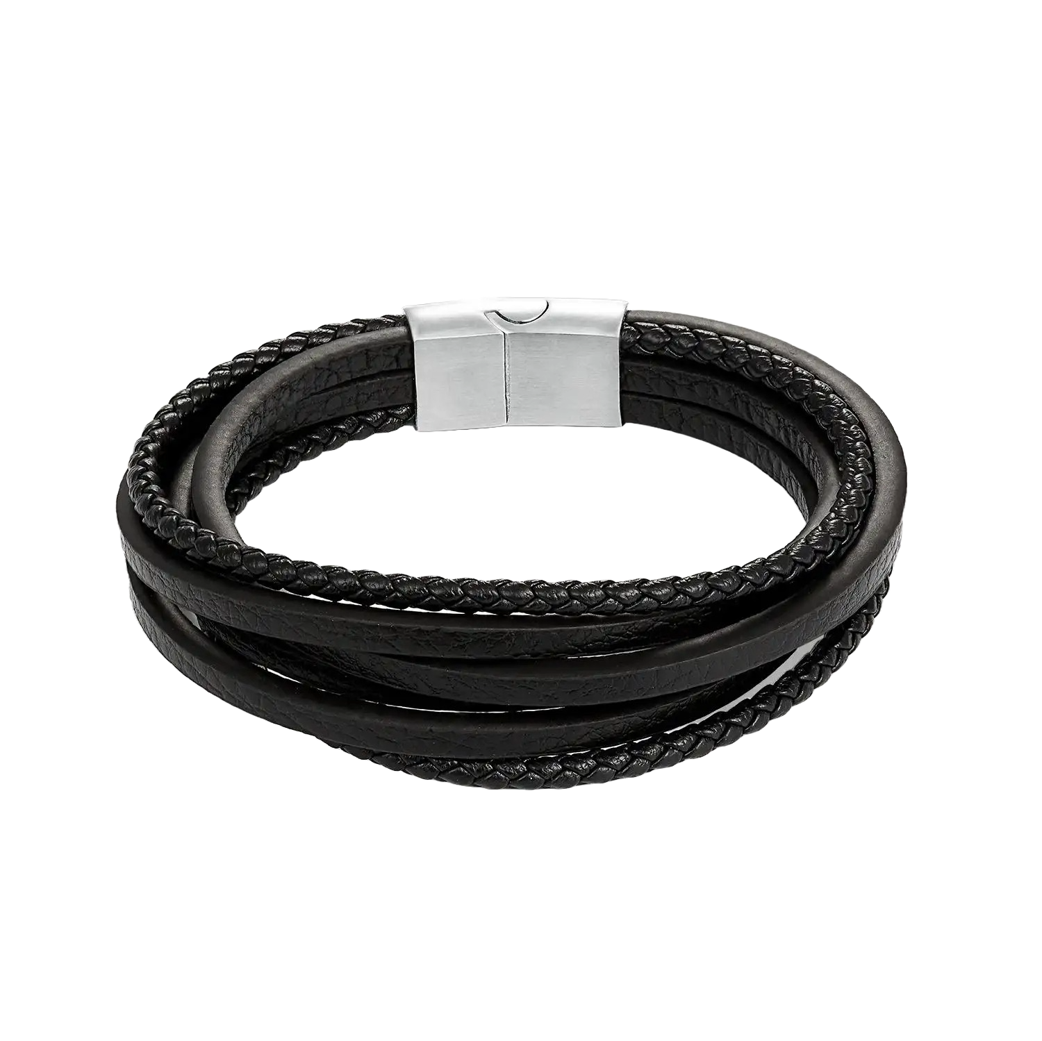 Gevlochten leren armband met een roestvrijstalen sluiting, gegraveerd met een gekoesterde naam, die persoonlijke elegantie belichaamt.