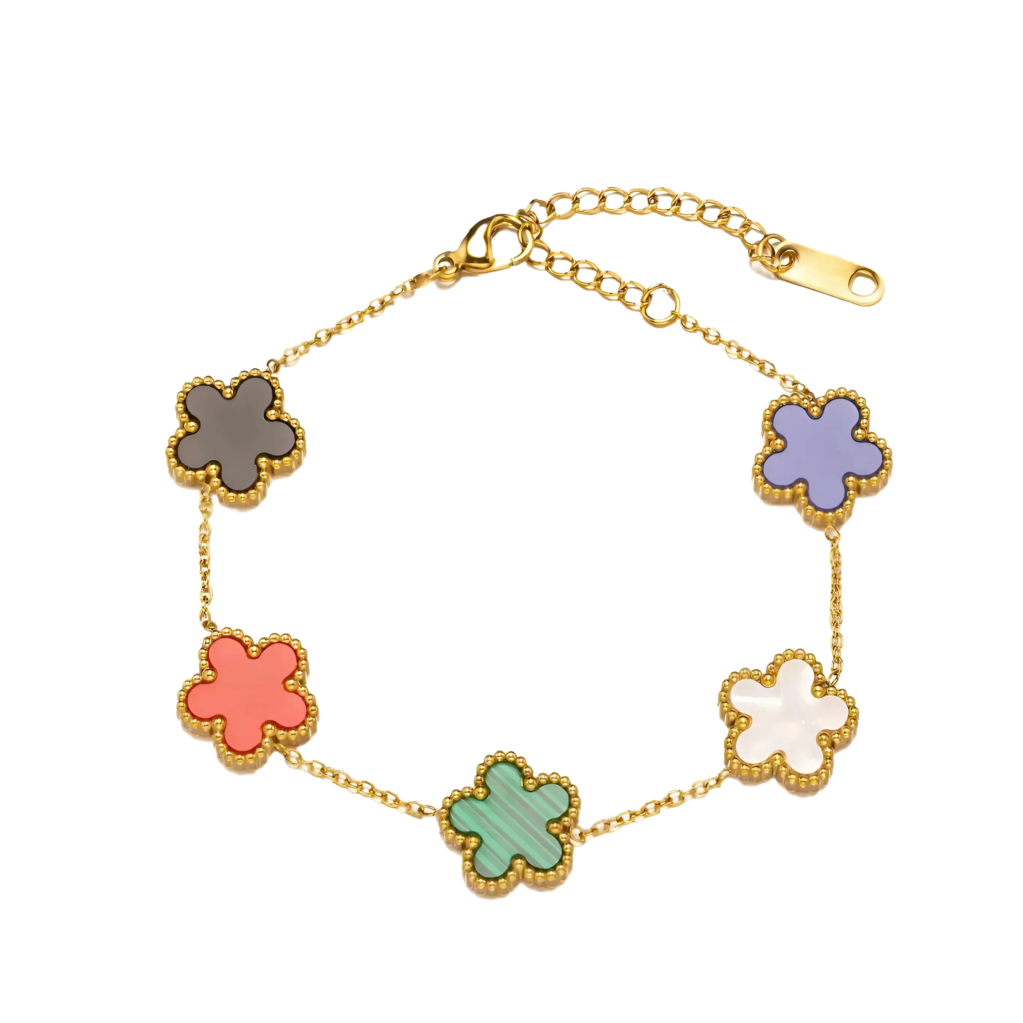 Elegante gouden armband met veelkleurige klavertjes, elk blaadje een symbool van het kleurrijke geluk