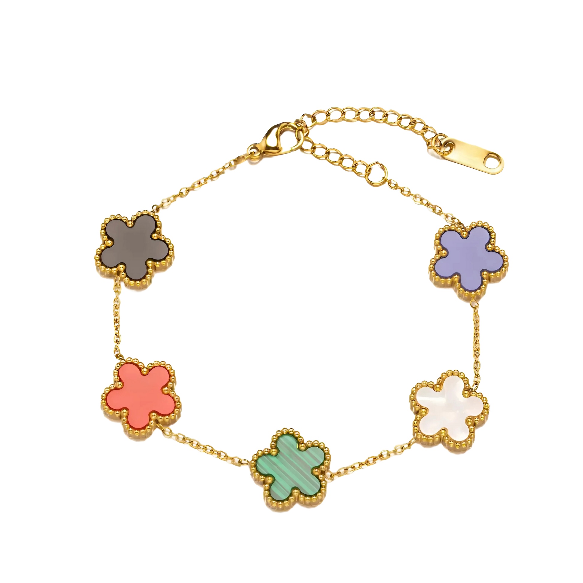 Elegante gouden armband met veelkleurige klavertjes, elk blaadje een symbool van het kleurrijke geluk