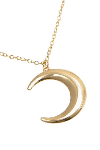 Fijne ketting met een matte maanbedel, die de zachte gloed van het maanlicht weerspiegelt.