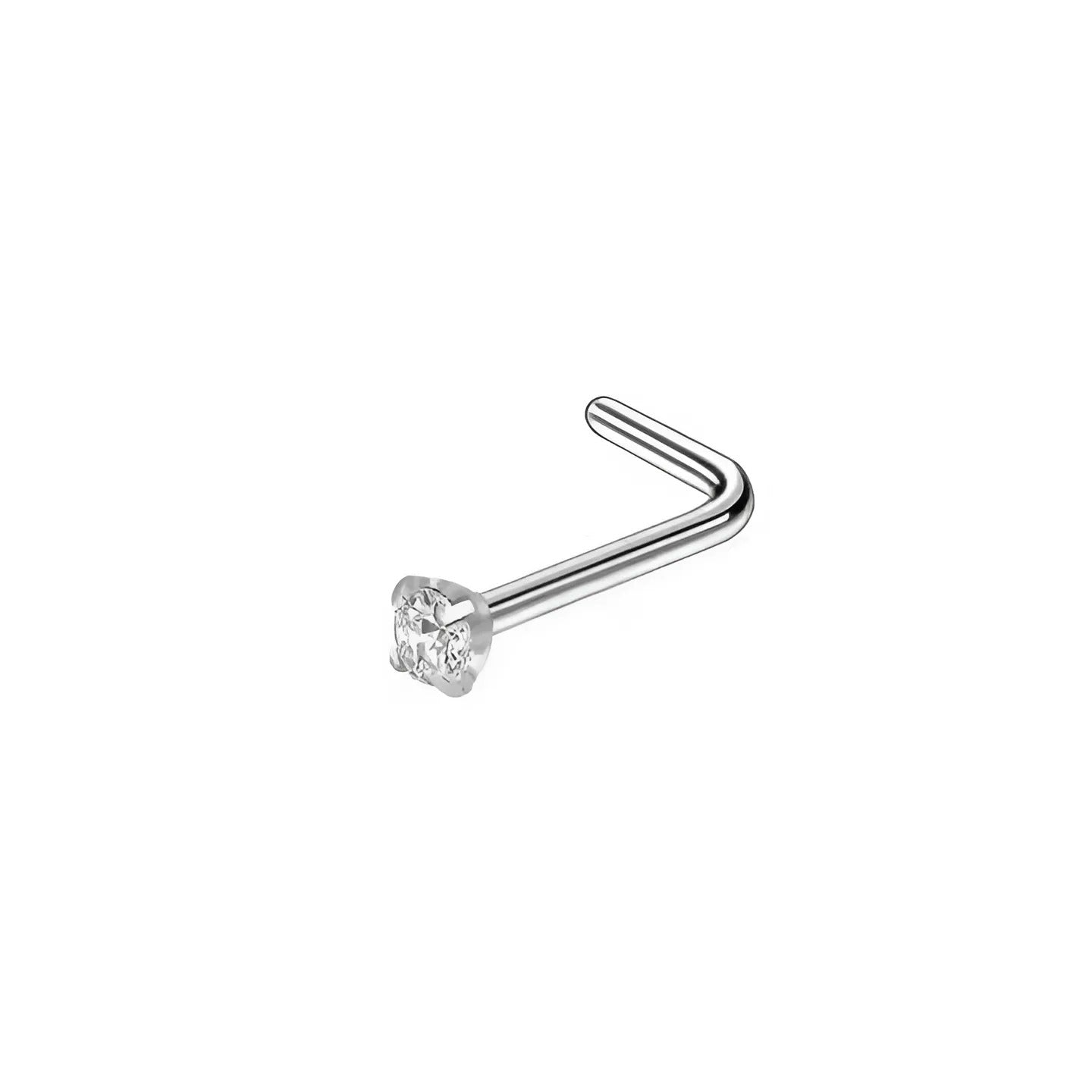 Een onberispelijke titanium L-vormige pin met een 2mm witte zirconia, een vleugje briljantie op de neus